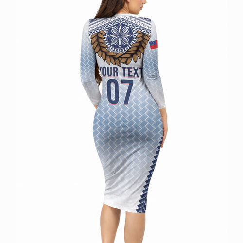 Manu Samoa Rugby Custom White Long Sleeve Bodycon Dress ʻIe Toga Pattern With Brown Ula fala