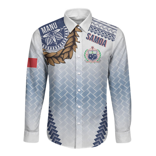 Manu Samoa Rugby Custom White Long Sleeve Button Shirt ʻIe Toga Pattern With Brown Ula fala