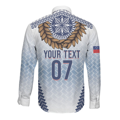 Manu Samoa Rugby Custom White Long Sleeve Button Shirt ʻIe Toga Pattern With Brown Ula fala