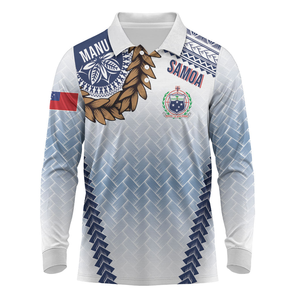 Manu Samoa Rugby Custom White Long Sleeve Polo Shirt ʻIe Toga Pattern With Brown Ula fala