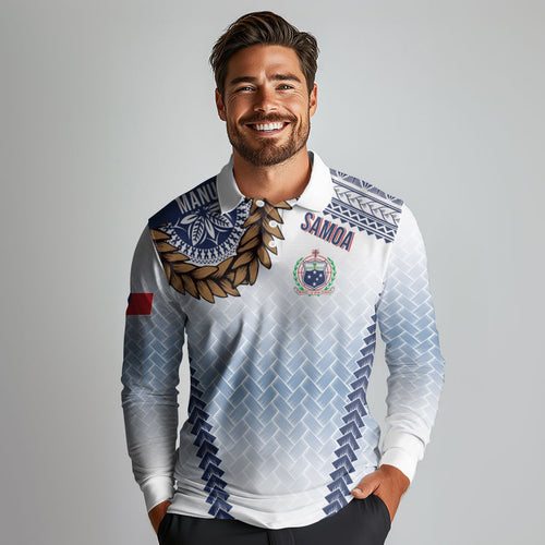 Manu Samoa Rugby Custom White Long Sleeve Polo Shirt ʻIe Toga Pattern With Brown Ula fala