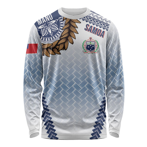 Manu Samoa Rugby Custom White Long Sleeve Shirt ʻIe Toga Pattern With Brown Ula fala