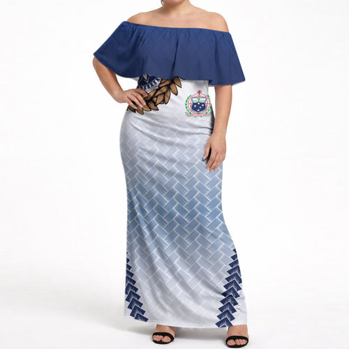 Manu Samoa Rugby Custom White Off Shoulder Maxi Dress ʻIe Toga Pattern With Brown Ula fala