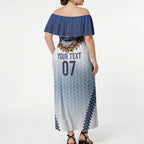 Manu Samoa Rugby Custom White Off Shoulder Maxi Dress ʻIe Toga Pattern With Brown Ula fala