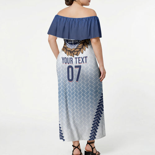 Manu Samoa Rugby Custom White Off Shoulder Maxi Dress ʻIe Toga Pattern With Brown Ula fala