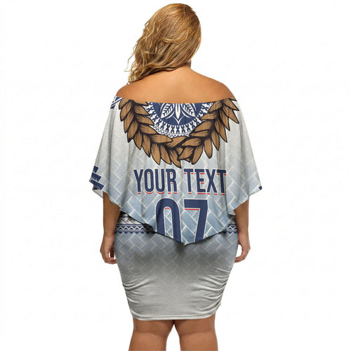 Manu Samoa Rugby Custom White Off Shoulder Short Dress ʻIe Toga Pattern With Brown Ula fala