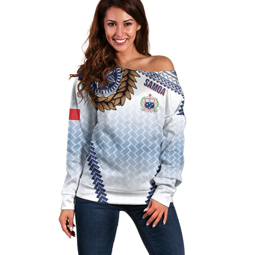 Manu Samoa Rugby Custom White Off Shoulder Sweater ʻIe Toga Pattern With Brown Ula fala