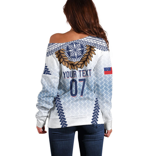 Manu Samoa Rugby Custom White Off Shoulder Sweater ʻIe Toga Pattern With Brown Ula fala