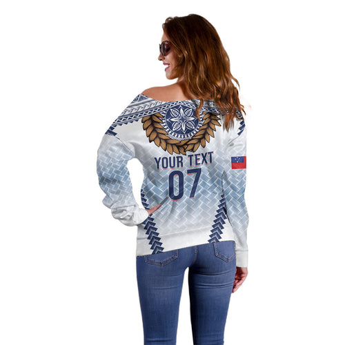 Manu Samoa Rugby Custom White Off Shoulder Sweater ʻIe Toga Pattern With Brown Ula fala