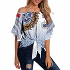 Manu Samoa Rugby Custom White Off Shoulder Wrap Waist Top ʻIe Toga Pattern With Brown Ula fala