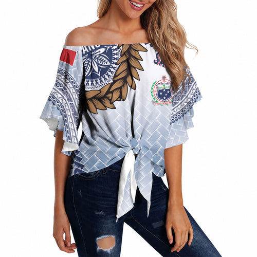Manu Samoa Rugby Custom White Off Shoulder Wrap Waist Top ʻIe Toga Pattern With Brown Ula fala