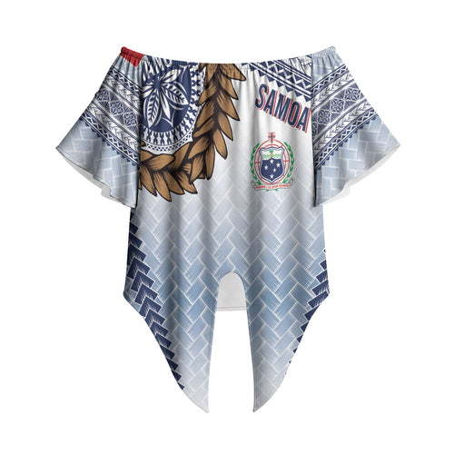 Manu Samoa Rugby Custom White Off Shoulder Wrap Waist Top ʻIe Toga Pattern With Brown Ula fala