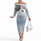 Manu Samoa Rugby Custom White Off The Shoulder Long Sleeve Dress ʻIe Toga Pattern With Brown Ula fala