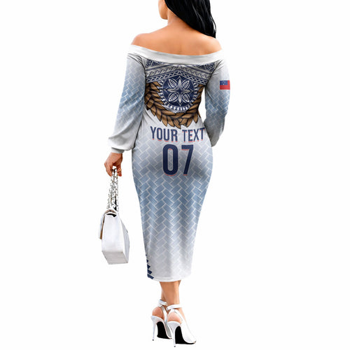 Manu Samoa Rugby Custom White Off The Shoulder Long Sleeve Dress ʻIe Toga Pattern With Brown Ula fala