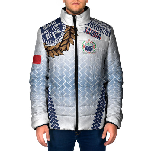 Manu Samoa Rugby Custom White Padded Jacket ʻIe Toga Pattern With Brown Ula fala