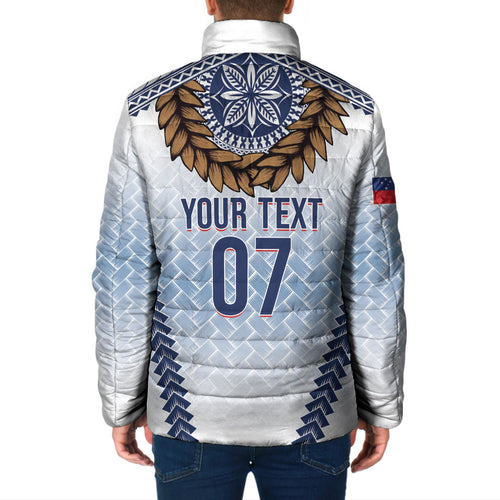 Manu Samoa Rugby Custom White Padded Jacket ʻIe Toga Pattern With Brown Ula fala