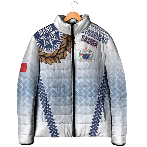 Manu Samoa Rugby Custom White Padded Jacket ʻIe Toga Pattern With Brown Ula fala