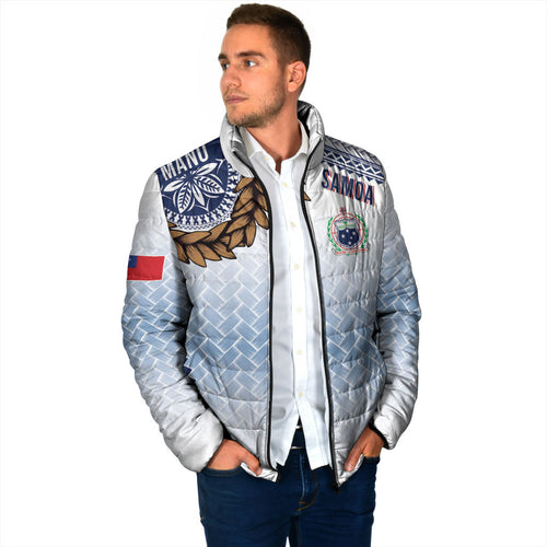 Manu Samoa Rugby Custom White Padded Jacket ʻIe Toga Pattern With Brown Ula fala