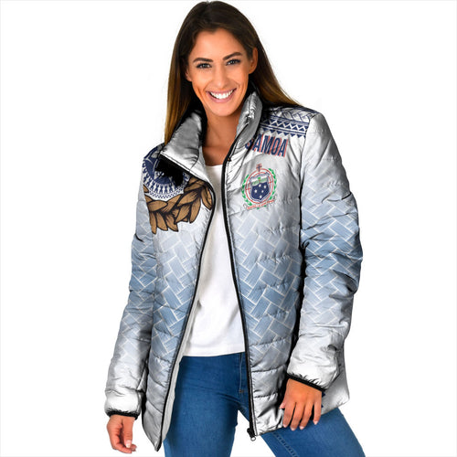 Manu Samoa Rugby Custom White Padded Jacket ʻIe Toga Pattern With Brown Ula fala