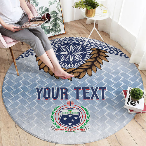 Manu Samoa Rugby Custom White Round Carpet ʻIe Toga Pattern With Brown Ula fala