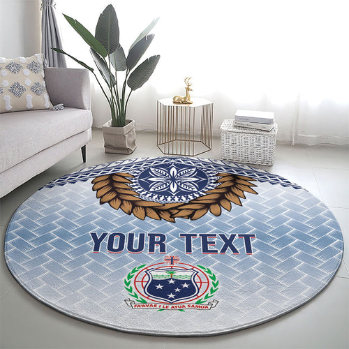 Manu Samoa Rugby Custom White Round Carpet ʻIe Toga Pattern With Brown Ula fala