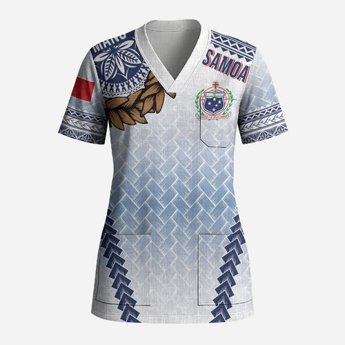 Manu Samoa Rugby Custom White Scrub Top ʻIe Toga Pattern With Brown Ula fala