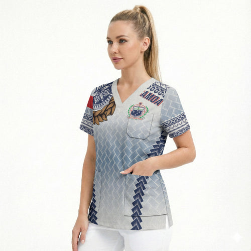 Manu Samoa Rugby Custom White Scrub Top ʻIe Toga Pattern With Brown Ula fala