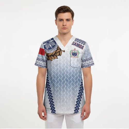 Manu Samoa Rugby Custom White Scrub Top ʻIe Toga Pattern With Brown Ula fala