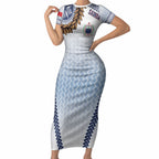Manu Samoa Rugby Custom White Short Sleeve Bodycon Dress ʻIe Toga Pattern With Brown Ula fala