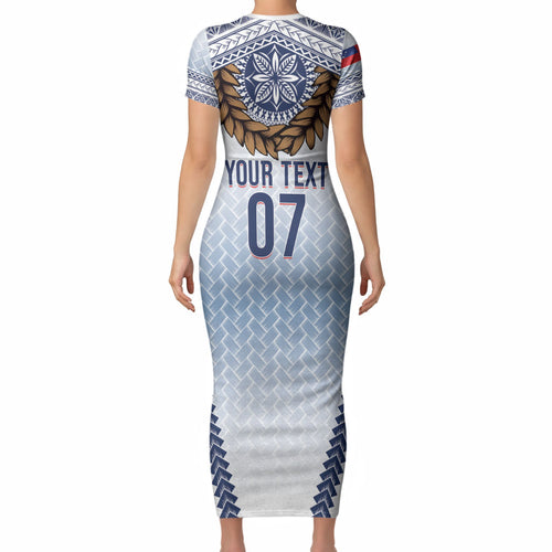 Manu Samoa Rugby Custom White Short Sleeve Bodycon Dress ʻIe Toga Pattern With Brown Ula fala