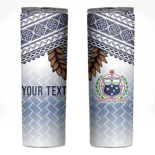 Manu Samoa Rugby Custom White Skinny Tumbler ʻIe Toga Pattern With Brown Ula fala