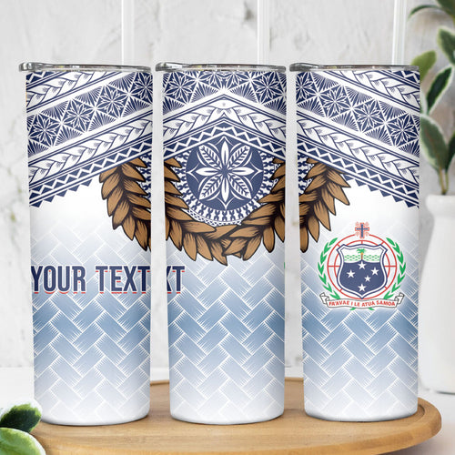 Manu Samoa Rugby Custom White Skinny Tumbler ʻIe Toga Pattern With Brown Ula fala