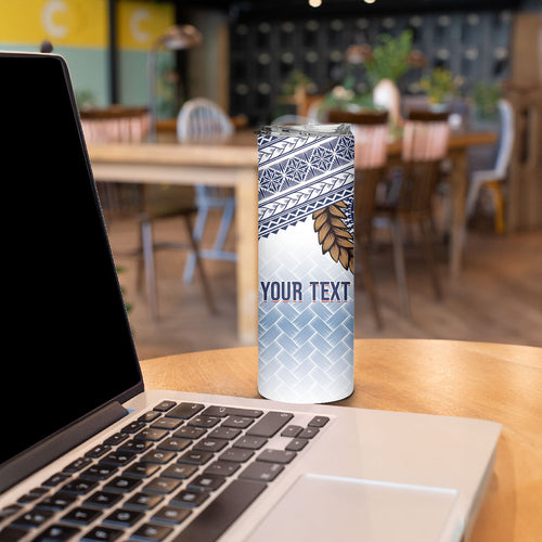 Manu Samoa Rugby Custom White Skinny Tumbler ʻIe Toga Pattern With Brown Ula fala