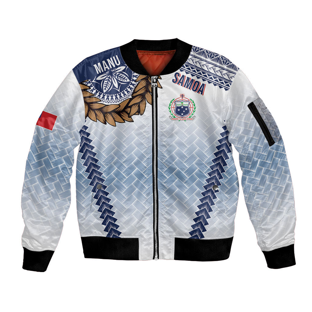Manu Samoa Rugby Custom White Sleeve Zip Bomber Jacket ʻIe Toga Pattern With Brown Ula fala