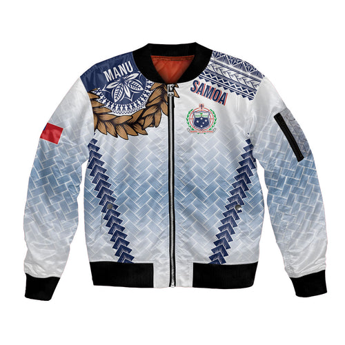 Manu Samoa Rugby Custom White Sleeve Zip Bomber Jacket ʻIe Toga Pattern With Brown Ula fala