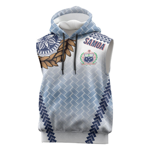 Manu Samoa Rugby Custom White Sleeveless Hoodie ʻIe Toga Pattern With Brown Ula fala