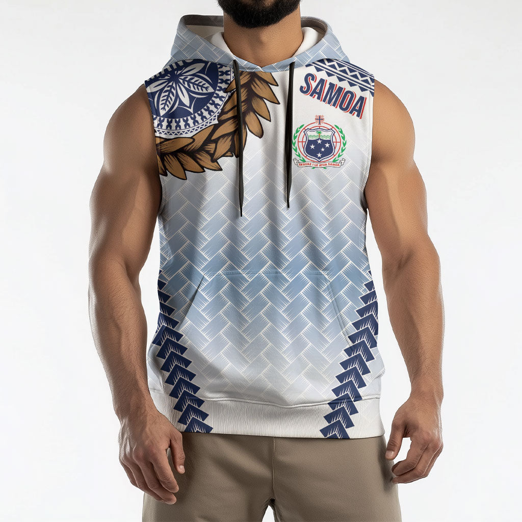 Manu Samoa Rugby Custom White Sleeveless Hoodie ʻIe Toga Pattern With Brown Ula fala