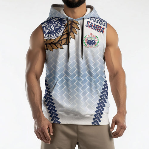 Manu Samoa Rugby Custom White Sleeveless Hoodie ʻIe Toga Pattern With Brown Ula fala