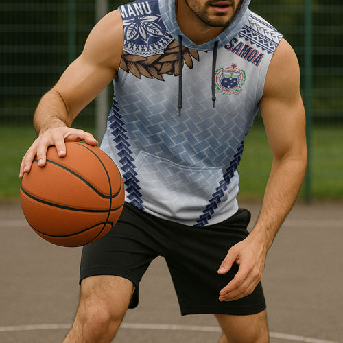Manu Samoa Rugby Custom White Sleeveless Hoodie ʻIe Toga Pattern With Brown Ula fala