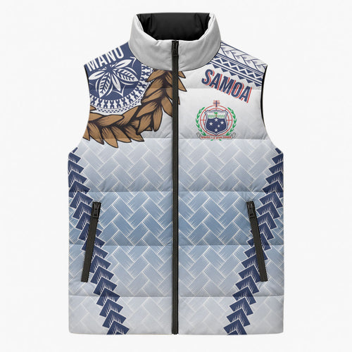 Manu Samoa Rugby Custom White Sleeveless Puffer Jacket ʻIe Toga Pattern With Brown Ula fala