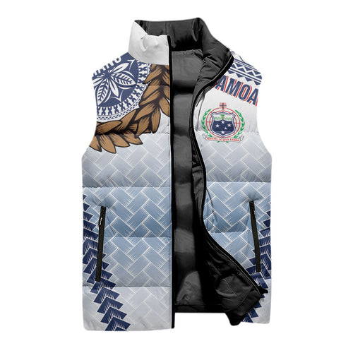 Manu Samoa Rugby Custom White Sleeveless Puffer Jacket ʻIe Toga Pattern With Brown Ula fala