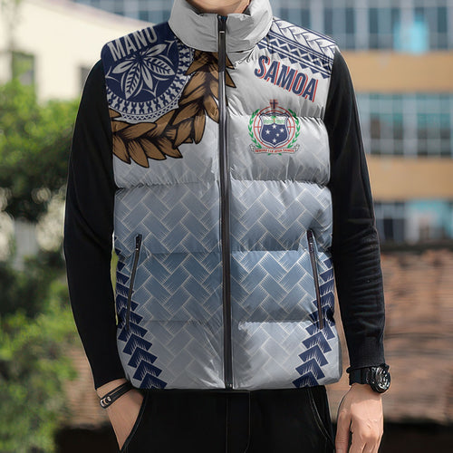 Manu Samoa Rugby Custom White Sleeveless Puffer Jacket ʻIe Toga Pattern With Brown Ula fala