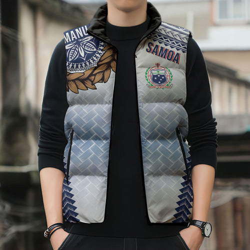 Manu Samoa Rugby Custom White Sleeveless Puffer Jacket ʻIe Toga Pattern With Brown Ula fala