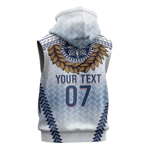 Manu Samoa Rugby Custom White Sleeveless Zip Hoodie ʻIe Toga Pattern With Brown Ula fala