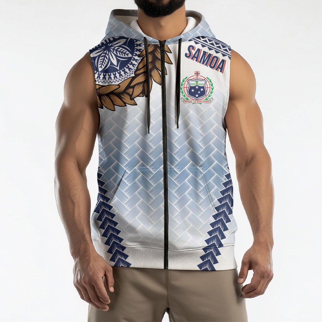Manu Samoa Rugby Custom White Sleeveless Zip Hoodie ʻIe Toga Pattern With Brown Ula fala