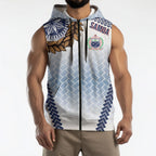Manu Samoa Rugby Custom White Sleeveless Zip Hoodie ʻIe Toga Pattern With Brown Ula fala