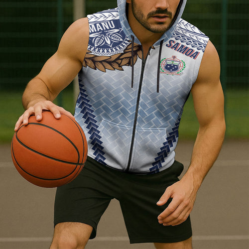 Manu Samoa Rugby Custom White Sleeveless Zip Hoodie ʻIe Toga Pattern With Brown Ula fala