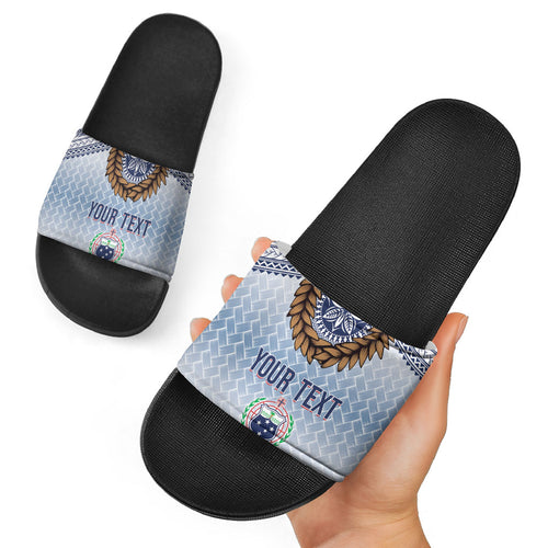 Manu Samoa Rugby Custom White Slide Sandals ʻIe Toga Pattern With Brown Ula fala