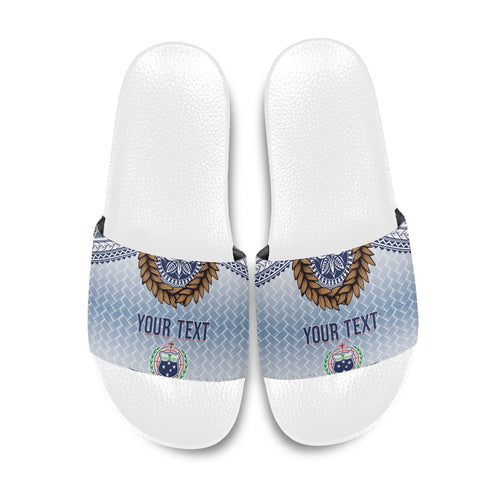 Manu Samoa Rugby Custom White Slide Sandals ʻIe Toga Pattern With Brown Ula fala