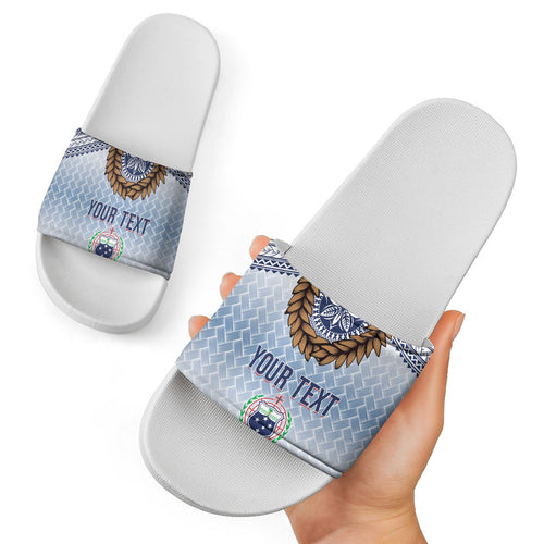 Manu Samoa Rugby Custom White Slide Sandals ʻIe Toga Pattern With Brown Ula fala